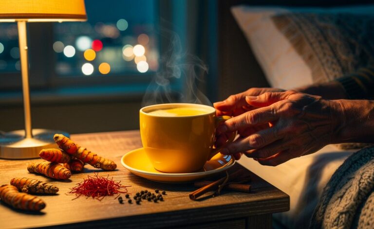 Illustration von [einer warmen Tasse goldener Milch mit Kurkuma auf einem Nachttisch, als Abendroutine zur Förderung von Durchblutung und Entspannung bei Menschen ab 50]
