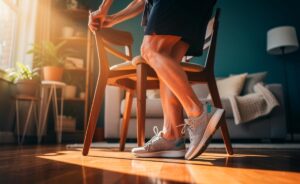 Illustration von einer älteren Person beim Zehenspitzenstand an einem stabilen Stuhl zur Verbesserung der Knöchelstabilität und zur Reduktion der Stolpergefahr