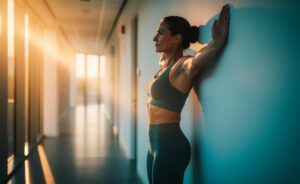 Illustration von einer Person, die eine 3‑Minuten‑Wandübung zur Kräftigung des Rückens und zur Verbesserung der Körperhaltung ausführt