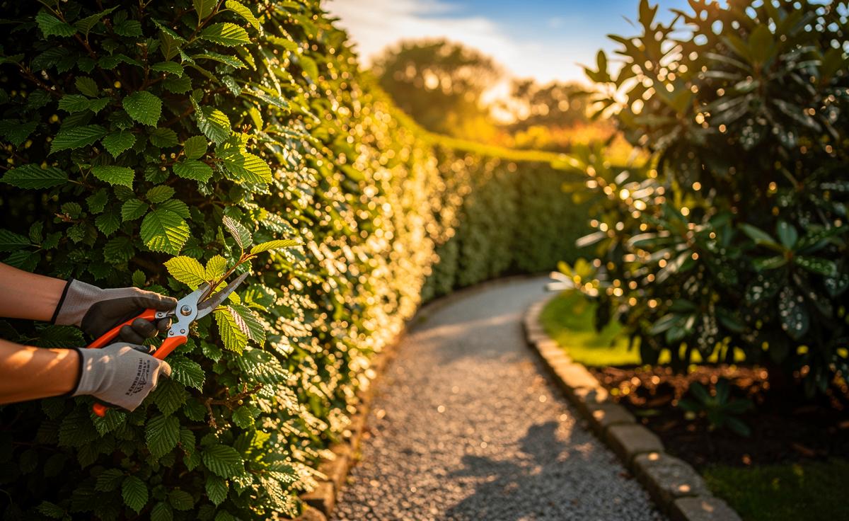 Illustration von einer pflegeleichten, dicht wachsenden Hainbuchenhecke als Alternative zum Kirschlorbeer