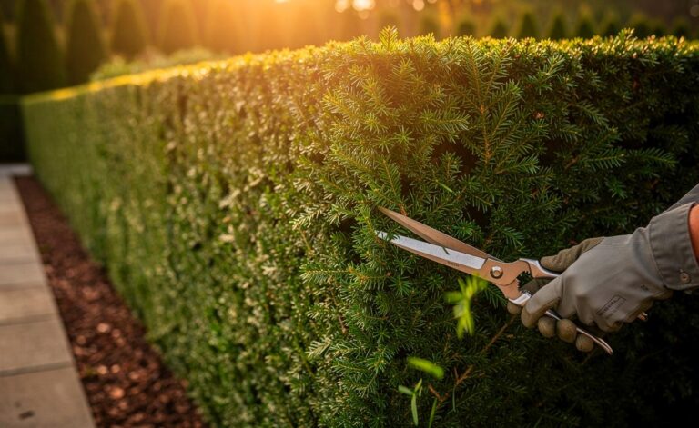 Illustration von einer pflegeleichten, dicht wachsenden Eibenhecke mit minimalem Schnittbedarf als Alternative zu Thuja