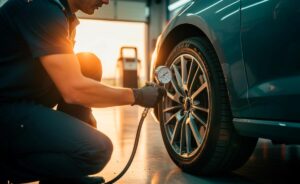 Illustration von einem Automechaniker, der an einem Pkw den Reifendruck prüft, um den Kraftstoffverbrauch zu senken