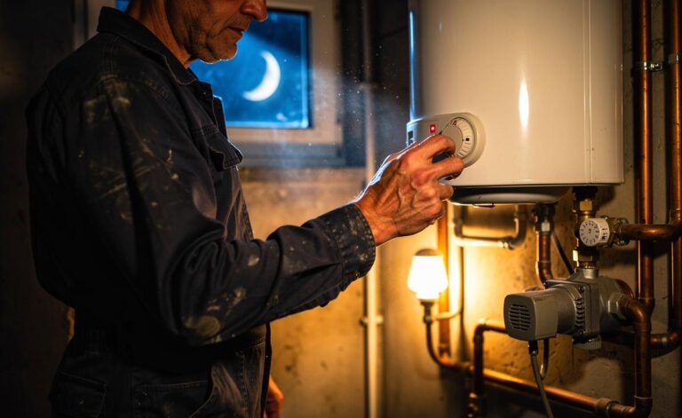 Illustration von einem ehemaligen Installateur, der einen Warmwasserboiler für die Nachtabschaltung per Zeitschaltuhr konfiguriert
