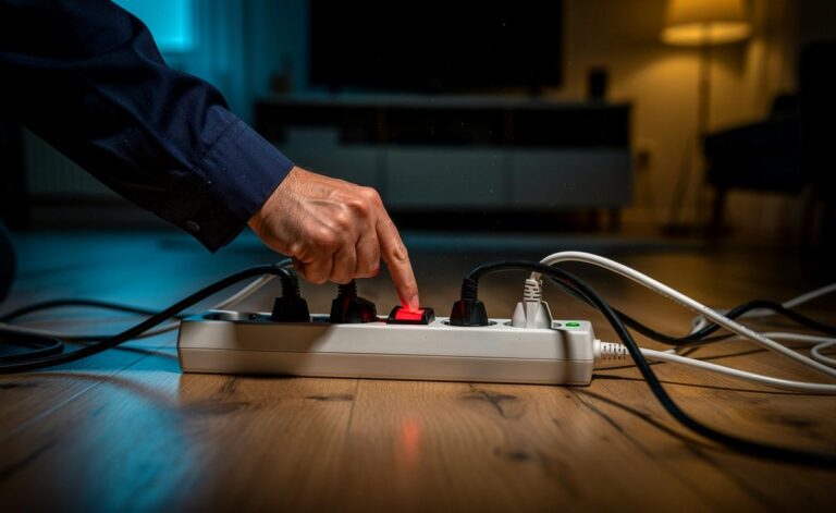 Illustration von einem Elektriker, der eine Steckdosenleiste nachts komplett abschaltet