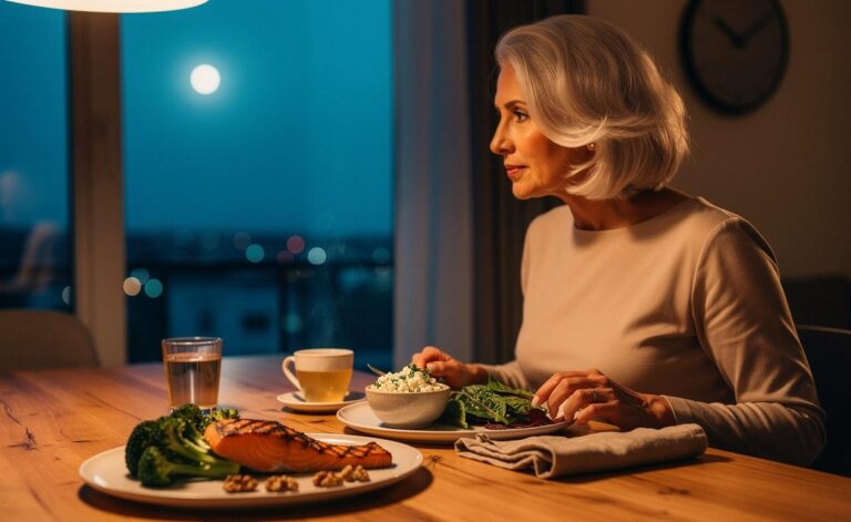 Illustration von einem proteinreichen Low-Carb-Abendessen für Menschen ab 60, das die Fettverbrennung im Schlaf fördert
