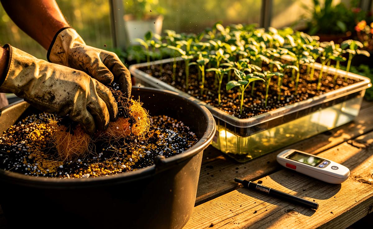 Illustration von einem ausgewogenen Anzucht-Bodenmix aus Kokosfaser oder Torf, Perlit, Vermiculit und Kompost für gesunde Setzlinge