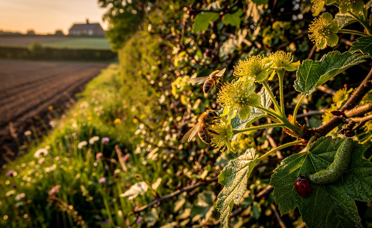Illustration von einer einheimischen Hecke mit Feldahorn (Acer campestre) als Lebensraum und Nahrungsquelle für Insekten