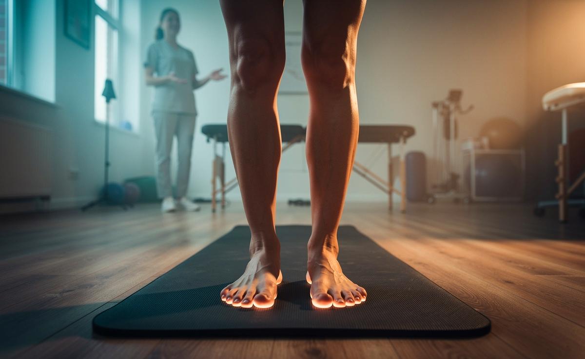 Ein Physiotherapeut erklärt, wie die richtige Fußstellung beim Stehen Rückenschmerzen vorbeugt.