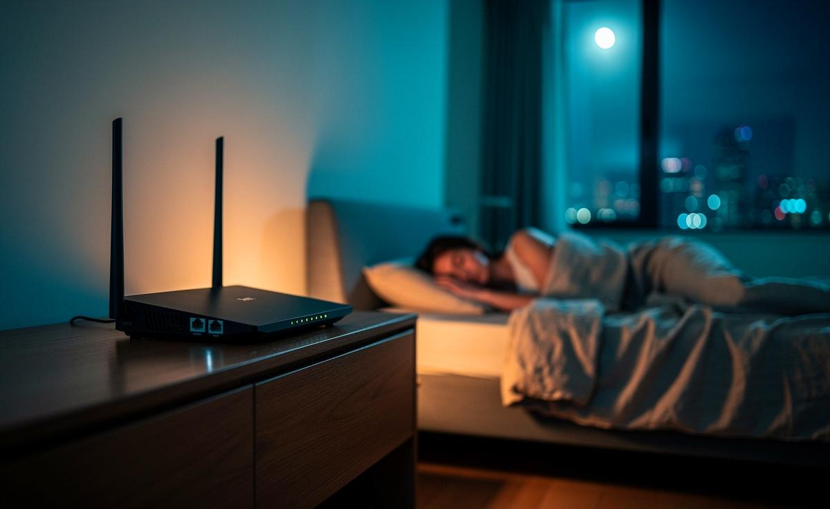 Illustration von einem nachts ausgeschalteten WLAN‑Router im Heimnetz zur Erhöhung der Netzwerksicherheit und Verbesserung des Schlafs