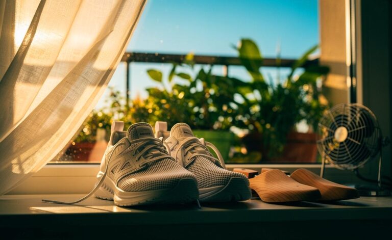 Illustration von regelmäßigem Auslüften von Schuhen im Sommer zur natürlichen Geruchsreduktion