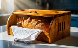 Illustration von einem Brotkasten mit feuchtem Leinentuch zur Regulierung der Luftfeuchtigkeit und natürlichen Verlängerung der Brothaltbarkeit