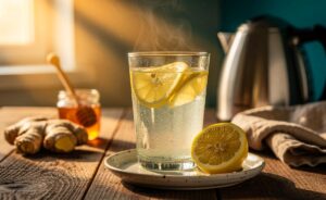 Illustration von einem Glas lauwarmem Zitronenwasser am Morgen auf einem Küchentisch mit Zitronenscheiben im Sonnenlicht