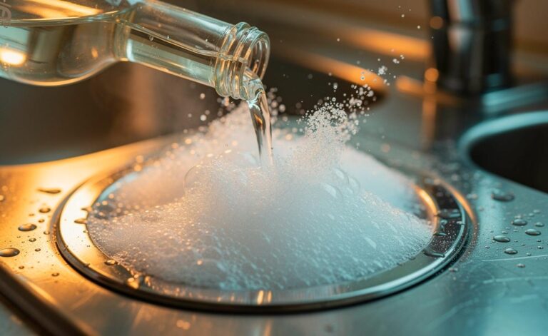 Illustration von einem Backpulver-Essig-Mix, der im Siphon schäumt und einen verstopften Abfluss ohne aggressive Chemikalien frei macht