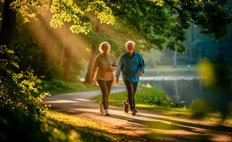 Illustration von Menschen ab 55 beim täglichen Spaziergang in der Natur zur Steigerung des Wohlbefindens