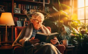 Illustration von einer älteren Person beim täglichen Lesen als Schutz vor geistigem Verfall